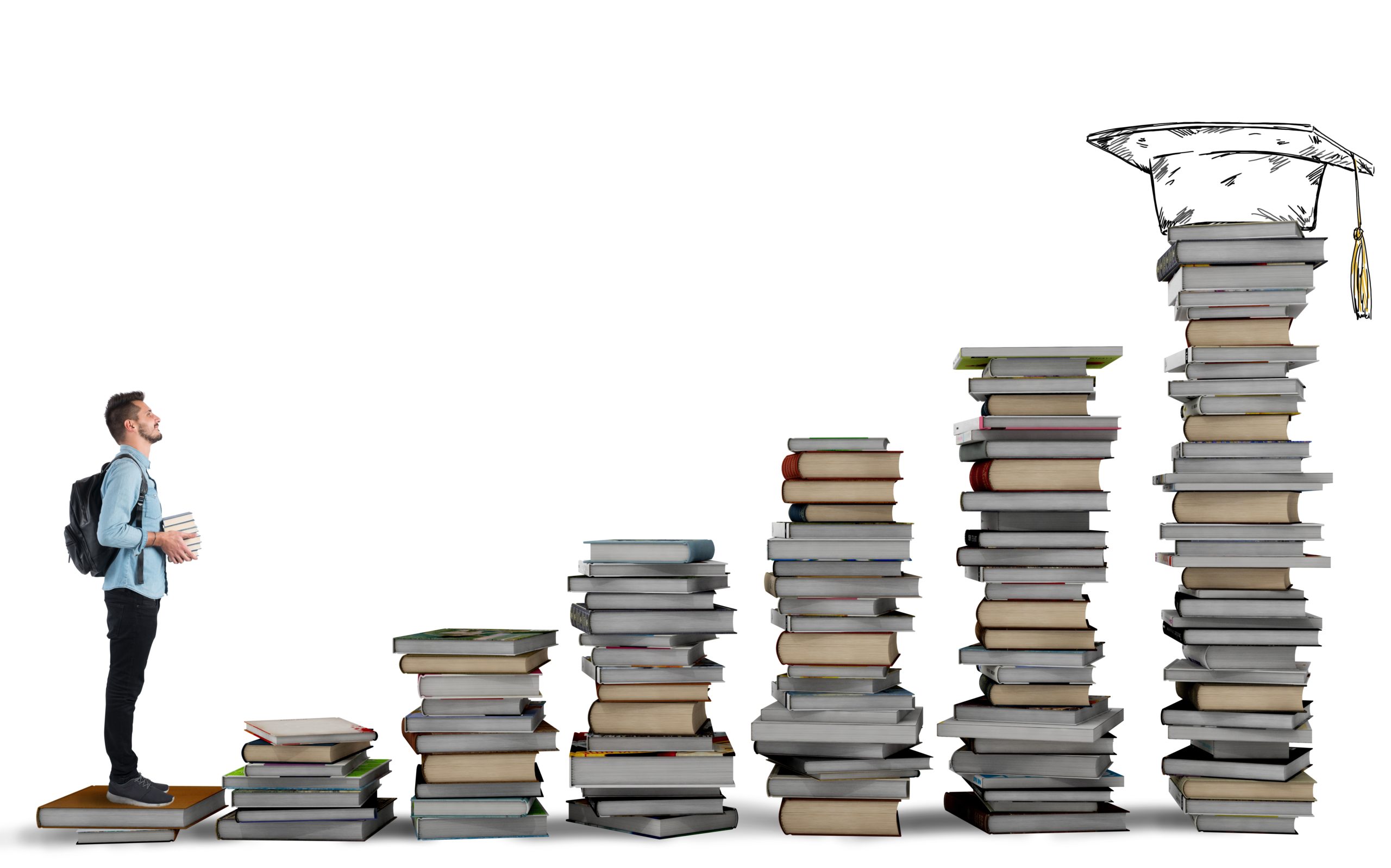 Student climbing a ladder of study books