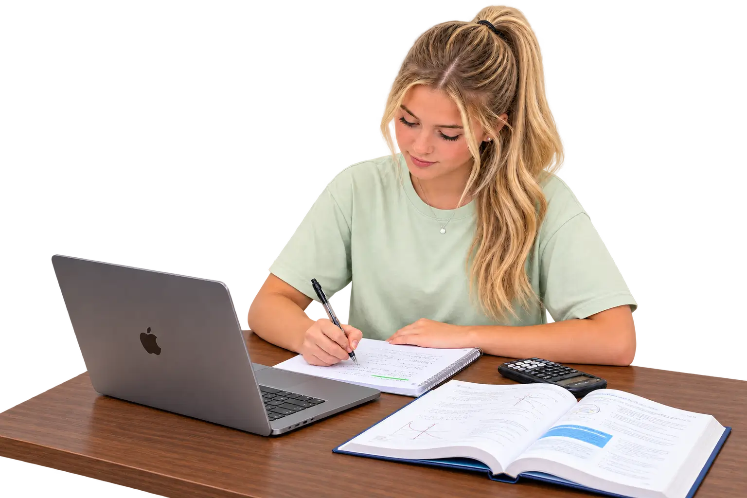 High school student studying at an organized desk with a laptop, notebook, calculator, and textbook