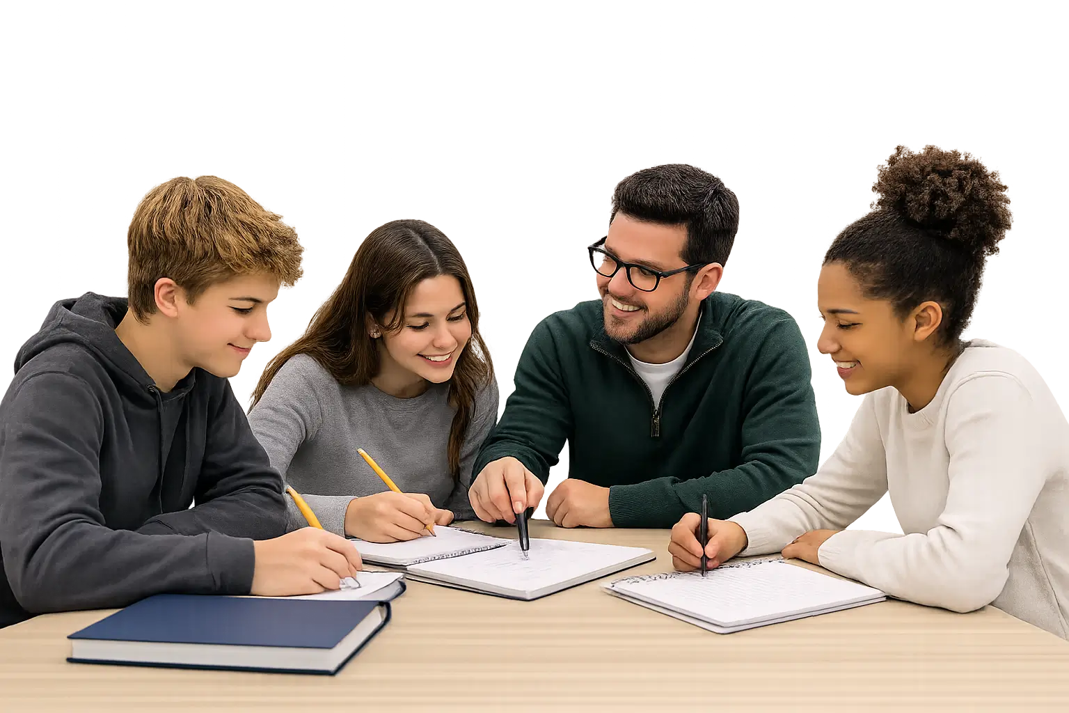 Small group of high school students participating in a group tutoring session with a private tutor