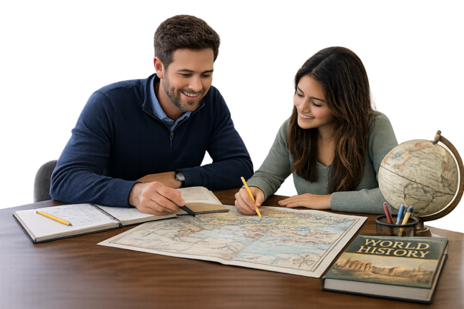 History tutoring illustration representing historical learning and critical thinking