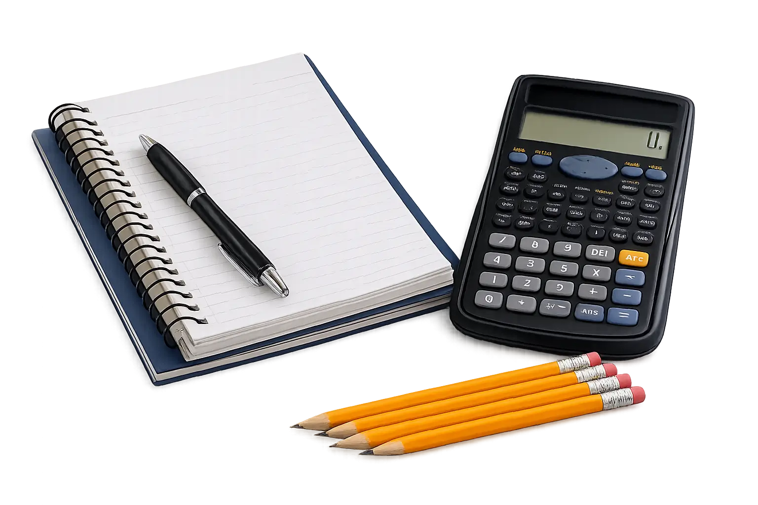 Notebook, calculator, pencils, and study supplies for in-person tutoring