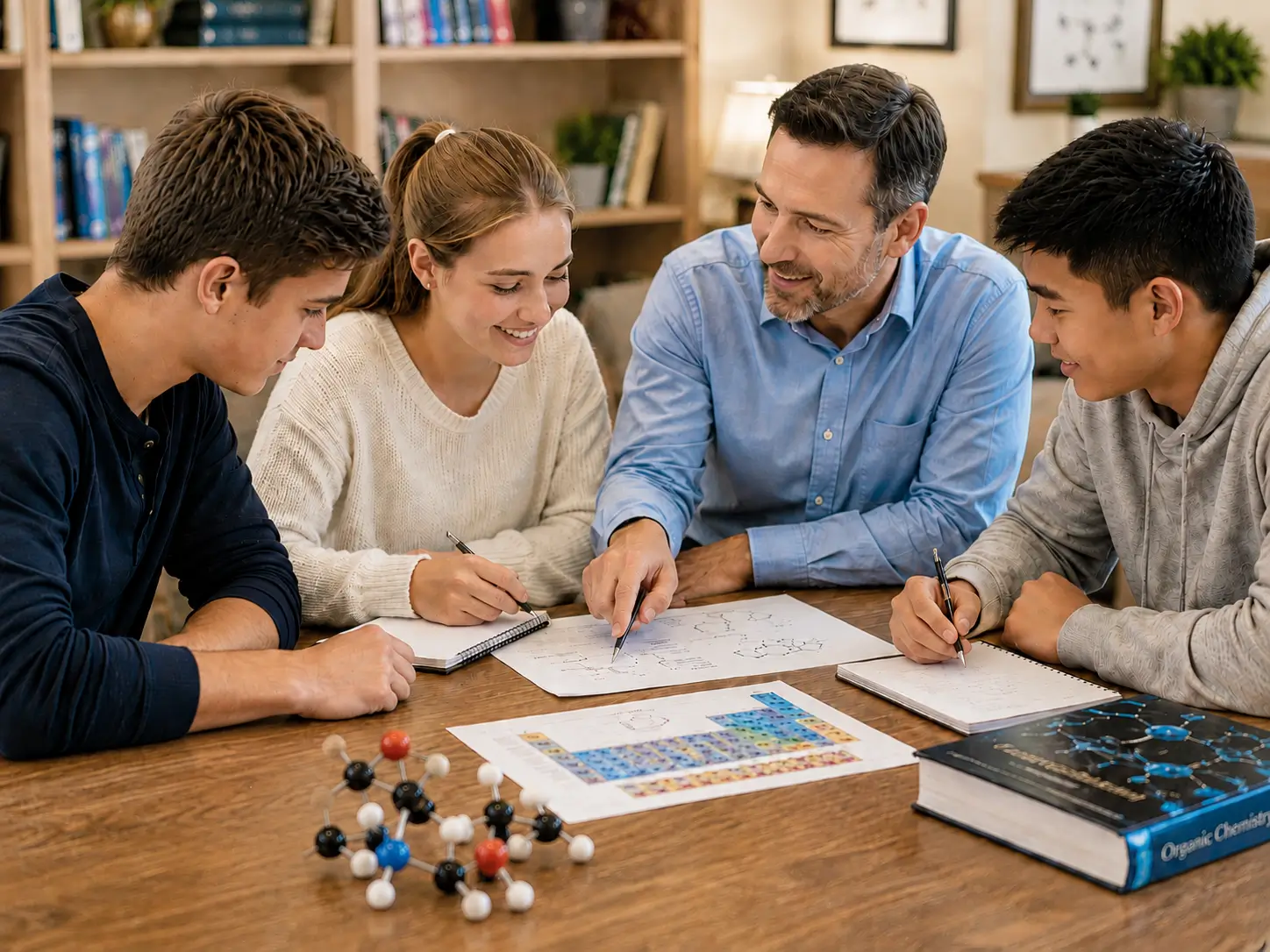 Private tutor guiding a small group of students through chemistry concepts