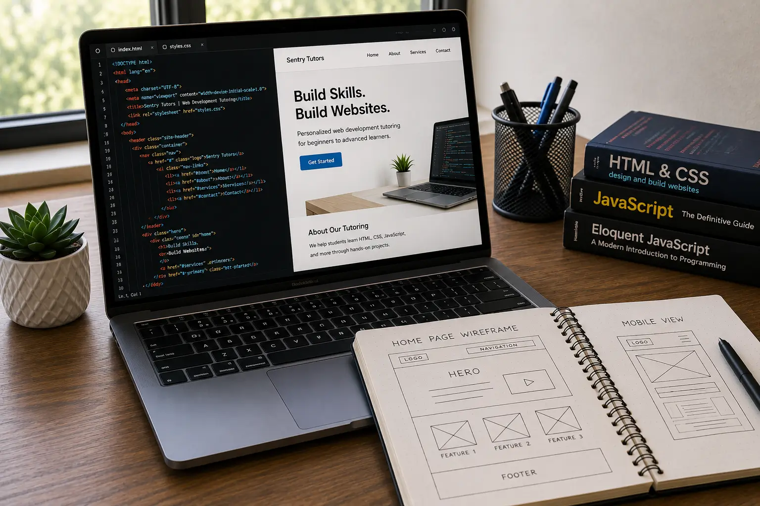 Student learning web development with HTML, CSS, and JavaScript during personalized technology tutoring