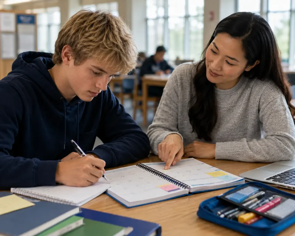 Student organizing assignments in a planner with guidance from a tutor