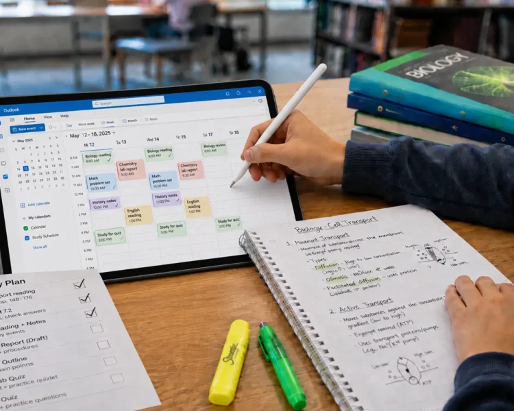 Student using a study plan and digital calendar to organize assignments and study time
