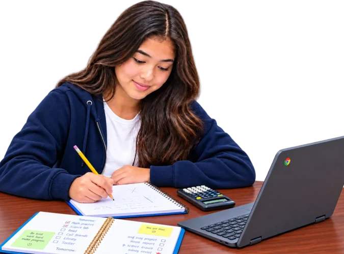Middle school student working on homework with a notebook, planner, calculator, and laptop